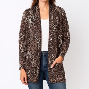 Sanctuary Sweater‎ Women Leopard Print Cardigan Open Front Pockets Brown Medium